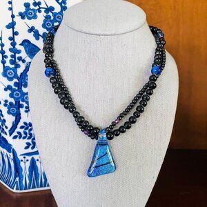 Tove Ottesen Art Glass Beaded Pendant Necklace Blue Necklace